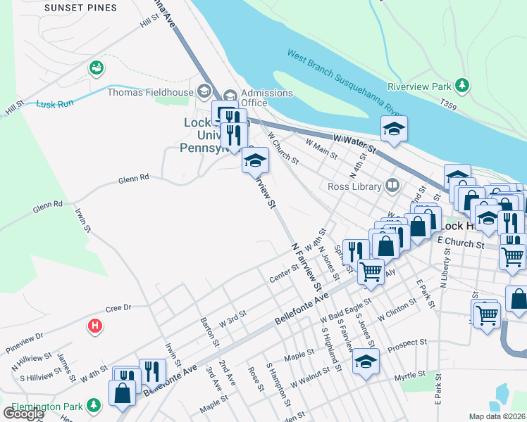 map of restaurants, bars, coffee shops, grocery stores, and more near 205 North Fairview Street in Lock Haven