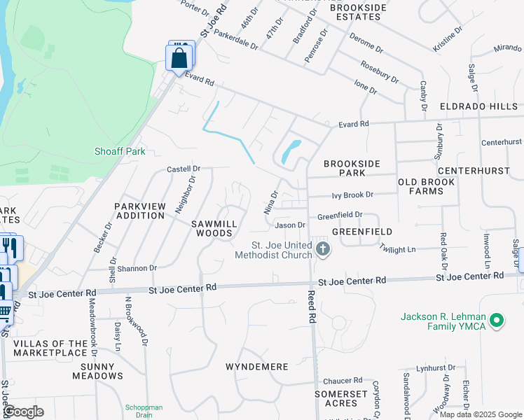 map of restaurants, bars, coffee shops, grocery stores, and more near 4604 Jason Drive in Fort Wayne