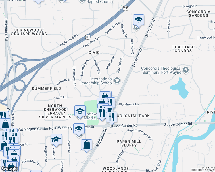 map of restaurants, bars, coffee shops, grocery stores, and more near 6319 Baytree Drive in Fort Wayne