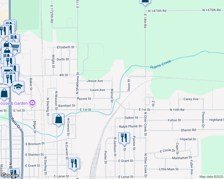 map of restaurants, bars, coffee shops, grocery stores, and more near 1501 Walnut Street in Streator