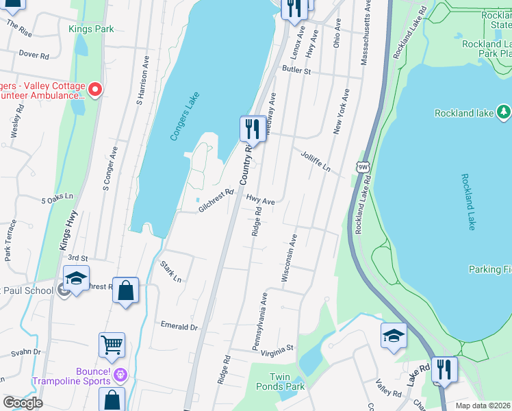 map of restaurants, bars, coffee shops, grocery stores, and more near 46 Ridge Road in Congers