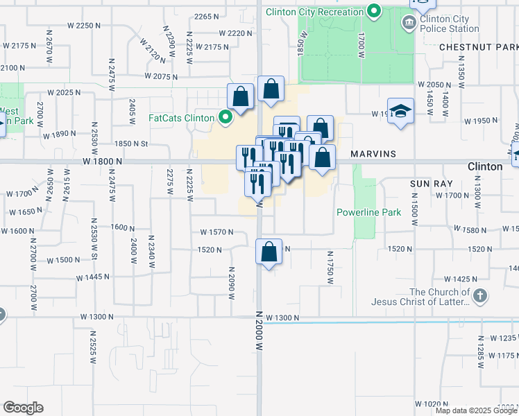 map of restaurants, bars, coffee shops, grocery stores, and more near 1649 North 2000 West in Clinton