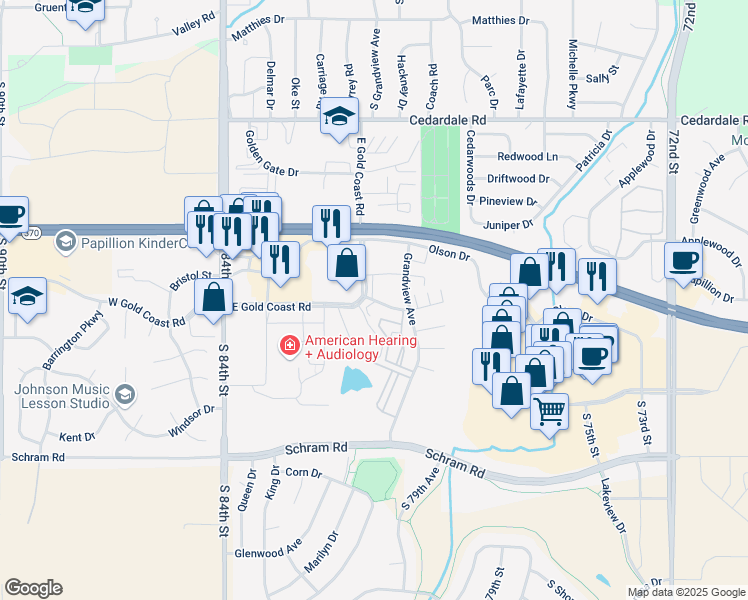 map of restaurants, bars, coffee shops, grocery stores, and more near 621 Fenwick Drive in Papillion