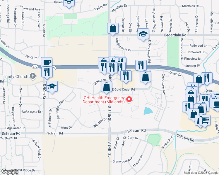 map of restaurants, bars, coffee shops, grocery stores, and more near 11425 South 84th Street in Papillion