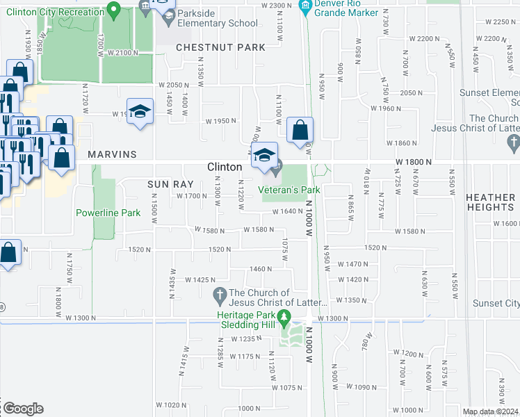 map of restaurants, bars, coffee shops, grocery stores, and more near 1162 West 1640 North in Clinton
