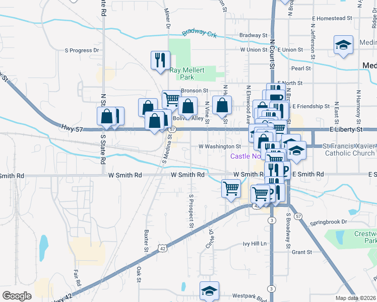 map of restaurants, bars, coffee shops, grocery stores, and more near 223 South Prospect Street in Medina