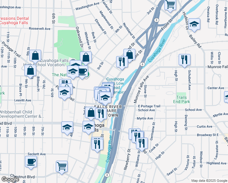map of restaurants, bars, coffee shops, grocery stores, and more near 2310 Riverfront Parkway in Cuyahoga Falls