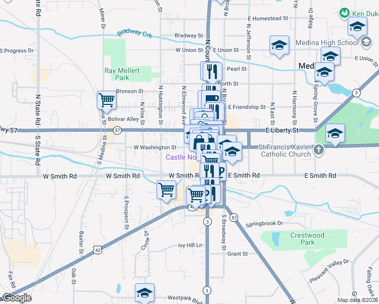 map of restaurants, bars, coffee shops, grocery stores, and more near 140 South Elmwood Avenue in Medina