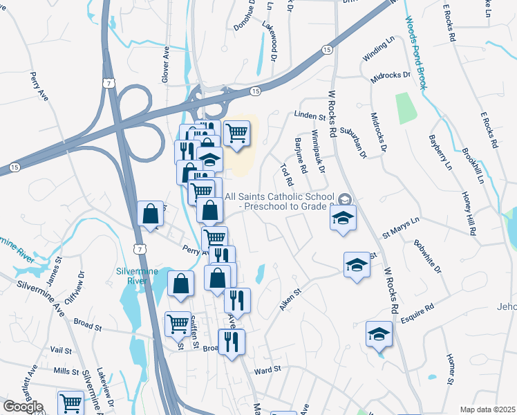 map of restaurants, bars, coffee shops, grocery stores, and more near 18 Linden Street in Norwalk