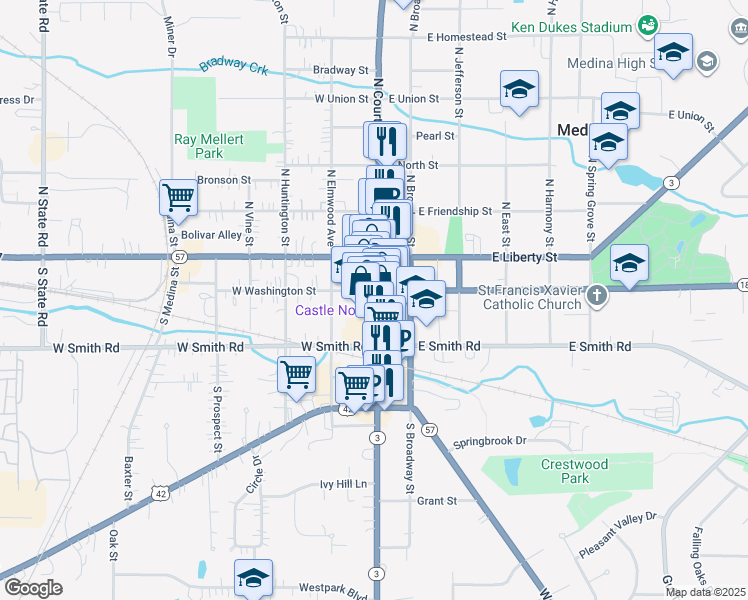 map of restaurants, bars, coffee shops, grocery stores, and more near 236 South Court Street in Medina