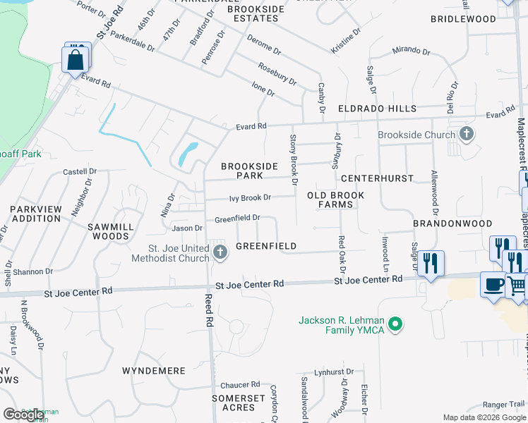 map of restaurants, bars, coffee shops, grocery stores, and more near 5005 Greenfield Drive in Fort Wayne