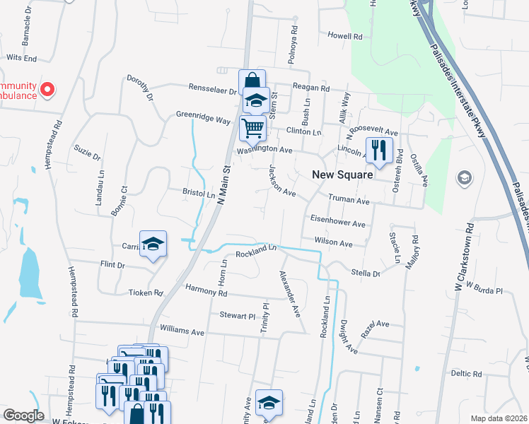 map of restaurants, bars, coffee shops, grocery stores, and more near 61 Buchanan Road in New Square