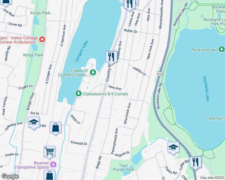 map of restaurants, bars, coffee shops, grocery stores, and more near 4 Ridge Road in Congers