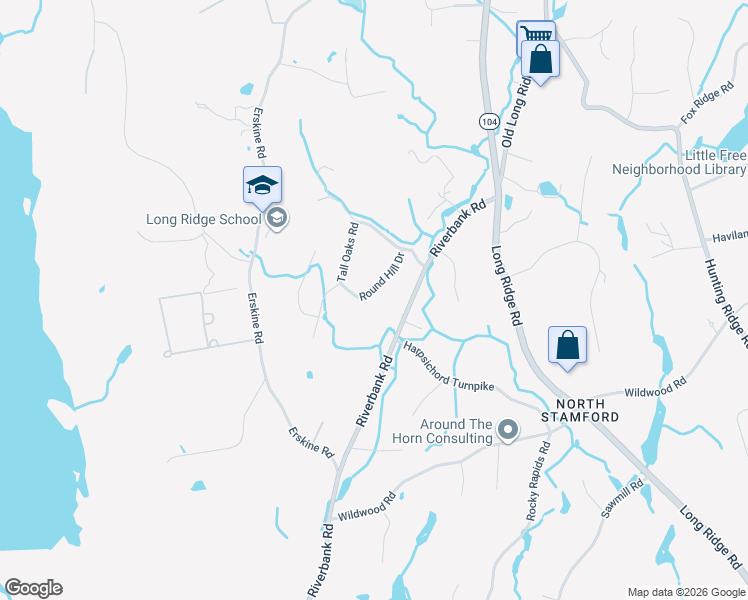 map of restaurants, bars, coffee shops, grocery stores, and more near 52 Round Hill Drive in Stamford
