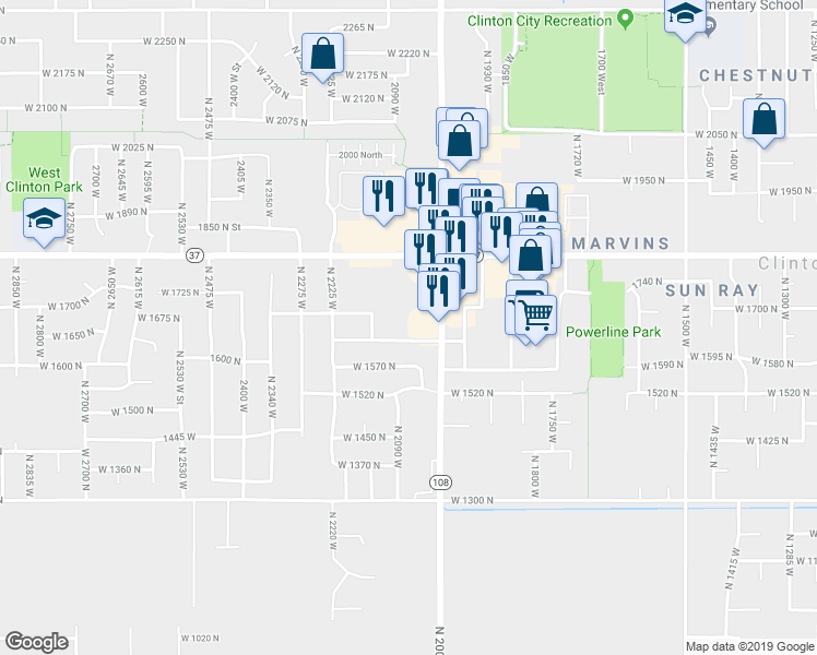 map of restaurants, bars, coffee shops, grocery stores, and more near 2072 West 1630 North in Clinton