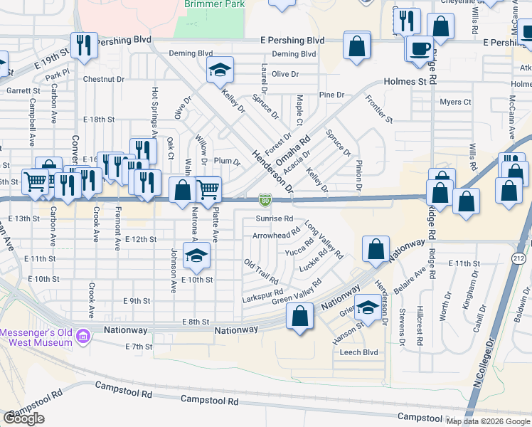 map of restaurants, bars, coffee shops, grocery stores, and more near 3401-3407 Sunrise Road in Cheyenne