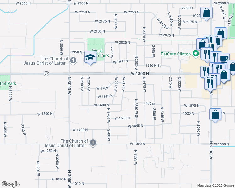 map of restaurants, bars, coffee shops, grocery stores, and more near 1643 North 2615 West in Clinton