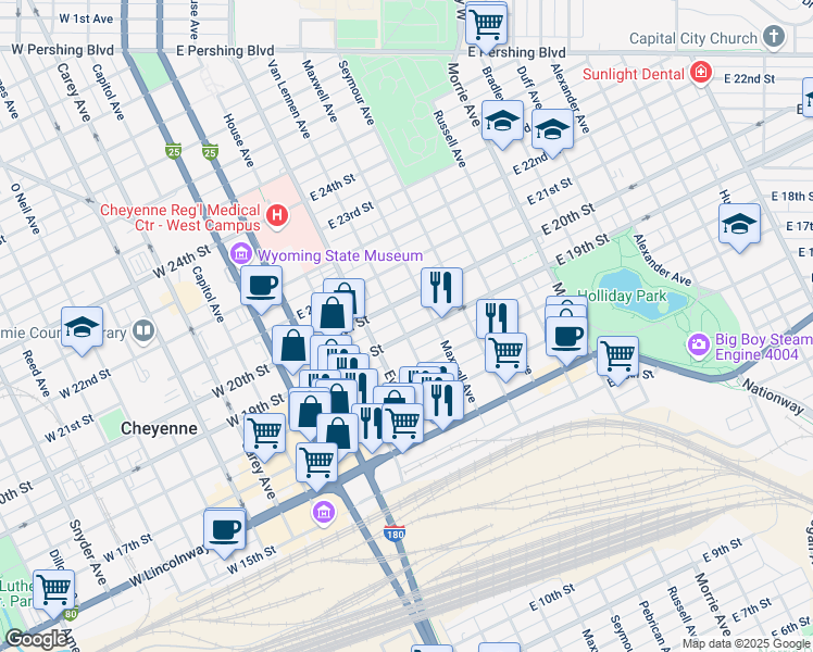 map of restaurants, bars, coffee shops, grocery stores, and more near 507 East 19th Street in Cheyenne