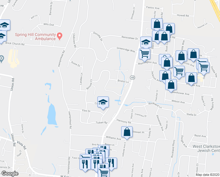 map of restaurants, bars, coffee shops, grocery stores, and more near 31 Sunny Ridge Road in Spring Valley