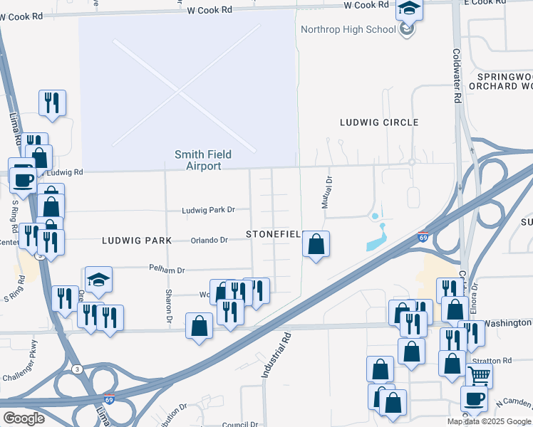 map of restaurants, bars, coffee shops, grocery stores, and more near 602 Bradfield Drive in Fort Wayne