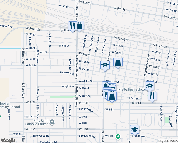 map of restaurants, bars, coffee shops, grocery stores, and more near 2214 West 2nd Street in North Platte