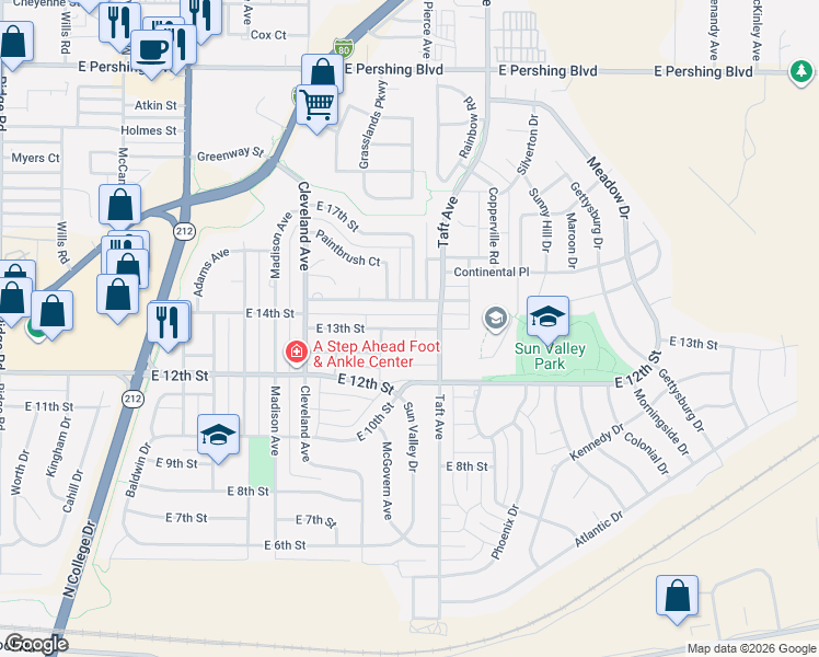 map of restaurants, bars, coffee shops, grocery stores, and more near 4805 East 13th Street in Cheyenne
