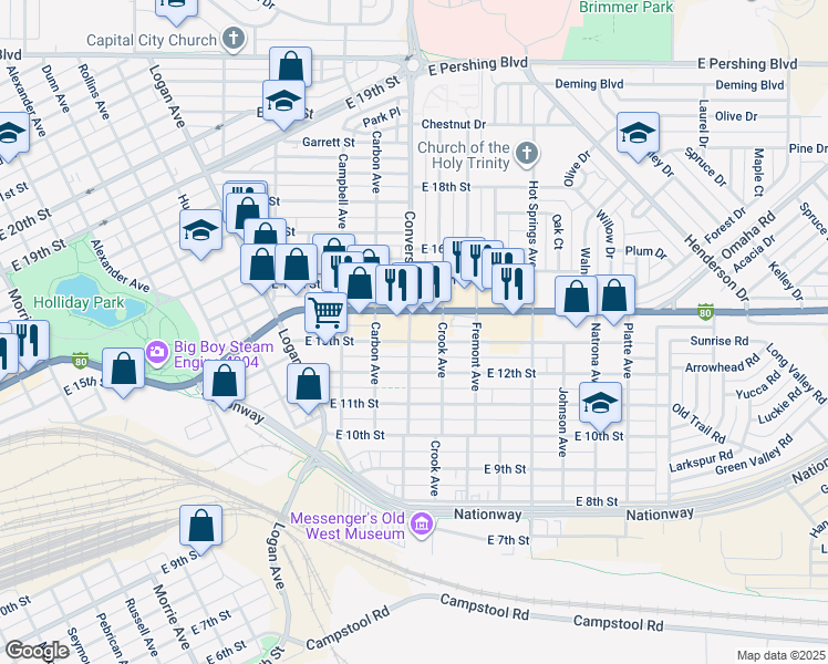 map of restaurants, bars, coffee shops, grocery stores, and more near 1221 Converse Avenue in Cheyenne