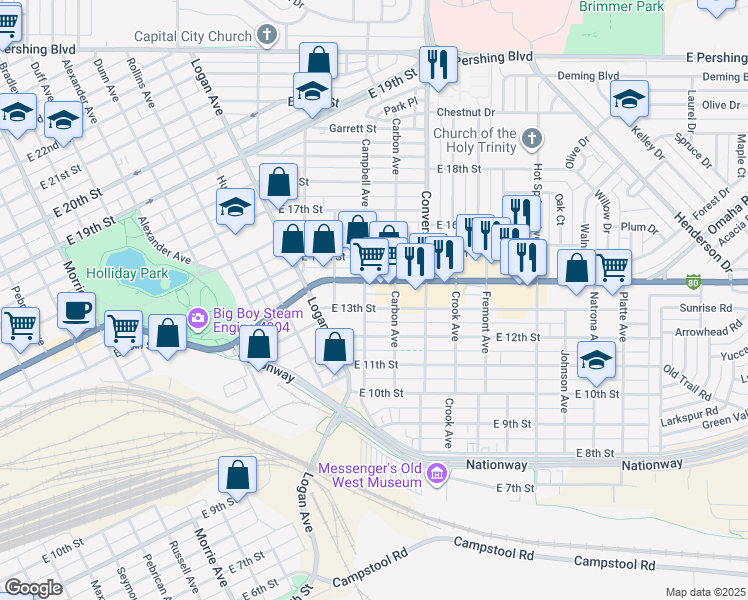map of restaurants, bars, coffee shops, grocery stores, and more near 2023 East 13th Street in Cheyenne