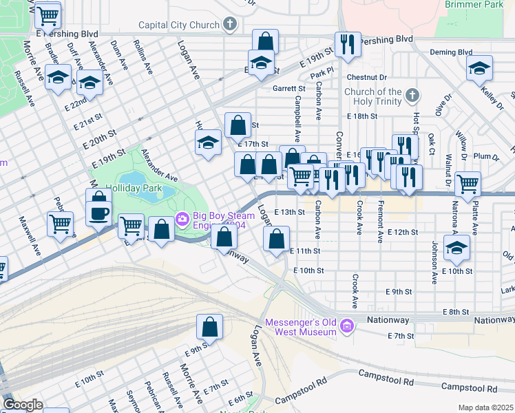 map of restaurants, bars, coffee shops, grocery stores, and more near 1223 Logan Avenue in Cheyenne