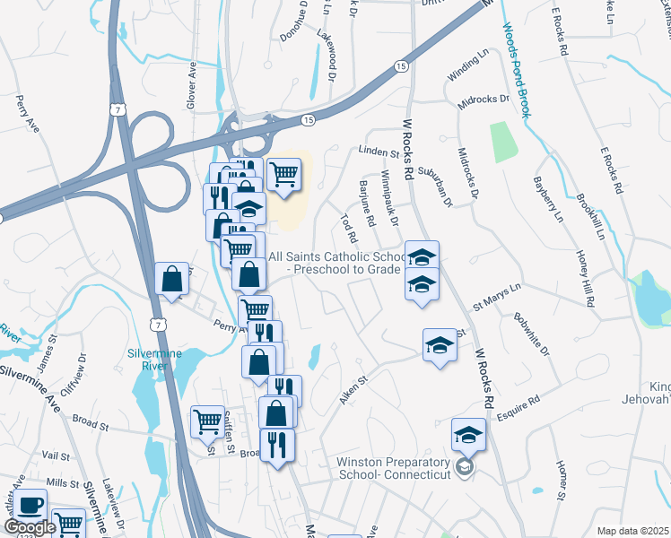 map of restaurants, bars, coffee shops, grocery stores, and more near Winnipauk Village Road in Norwalk