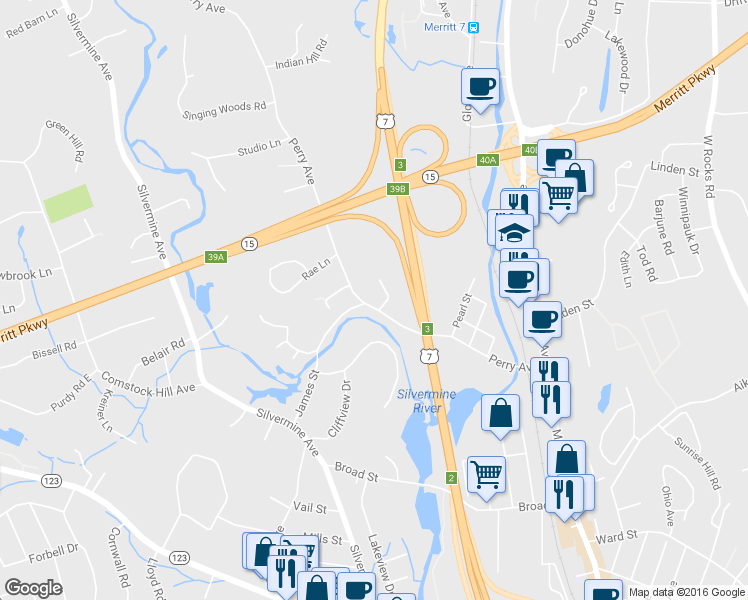 map of restaurants, bars, coffee shops, grocery stores, and more near 71 Perry Avenue in Norwalk