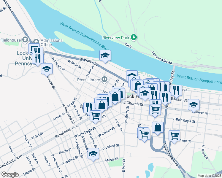 map of restaurants, bars, coffee shops, grocery stores, and more near 205 West Church Street in Lock Haven