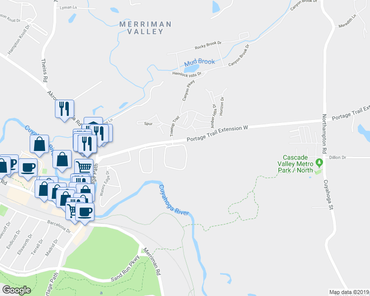 map of restaurants, bars, coffee shops, grocery stores, and more near 1730 Shatto Avenue in Akron