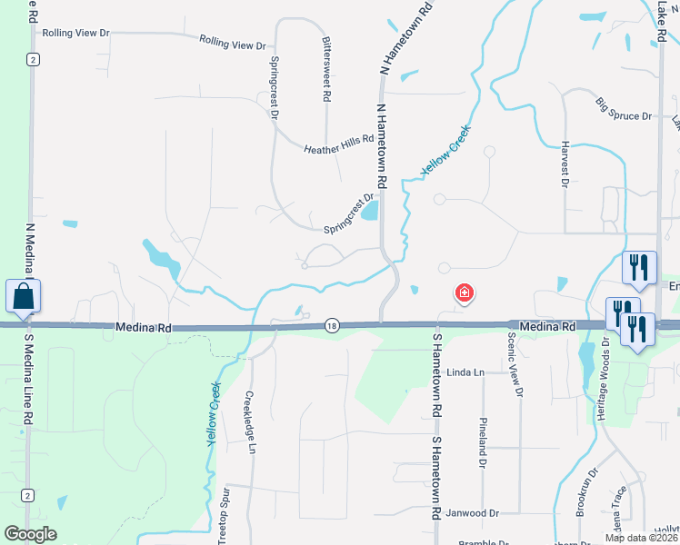 map of restaurants, bars, coffee shops, grocery stores, and more near 4530 Castlemaine Court in Akron