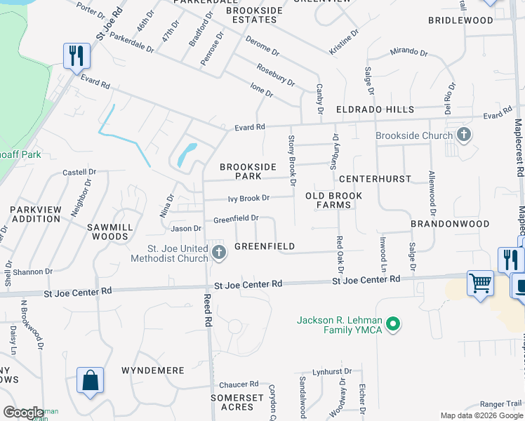 map of restaurants, bars, coffee shops, grocery stores, and more near 5005 Greenfield Drive in Fort Wayne
