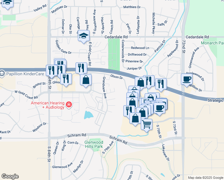 map of restaurants, bars, coffee shops, grocery stores, and more near 1431 Grandview Avenue in Papillion