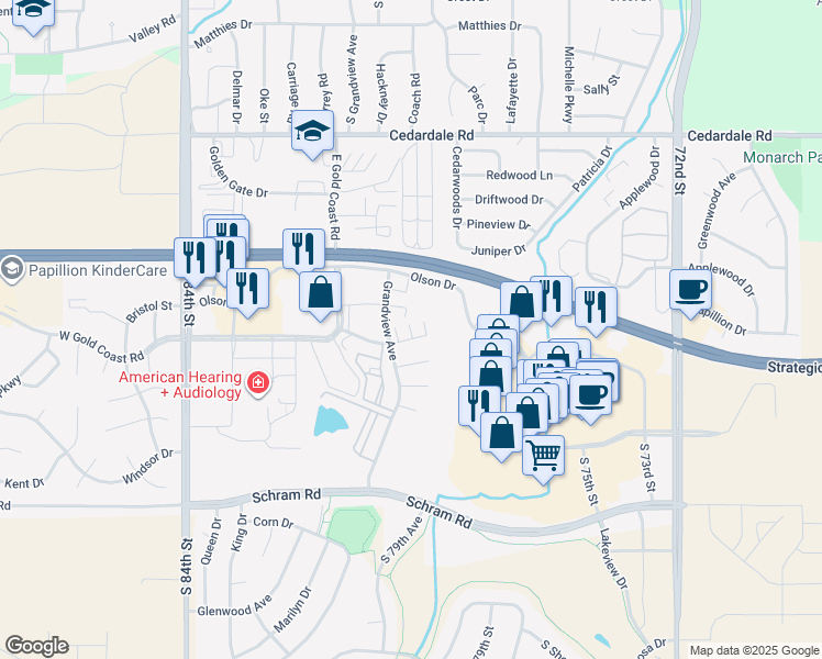 map of restaurants, bars, coffee shops, grocery stores, and more near 1431 Grandview Avenue in Papillion