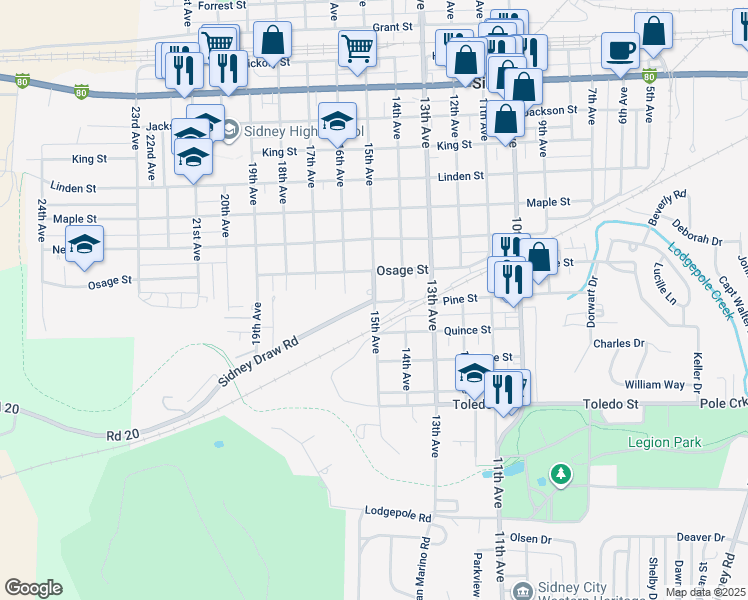 map of restaurants, bars, coffee shops, grocery stores, and more near 1100 Sidney Draw Road in Sidney