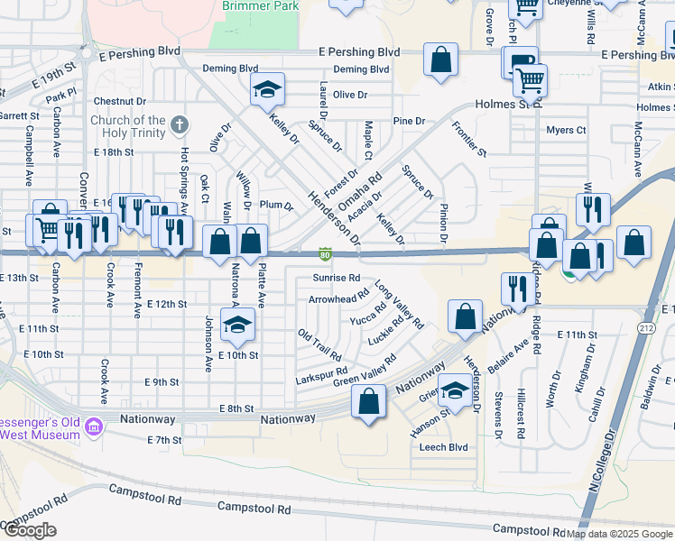 map of restaurants, bars, coffee shops, grocery stores, and more near 3401-3407 Sunrise Road in Cheyenne