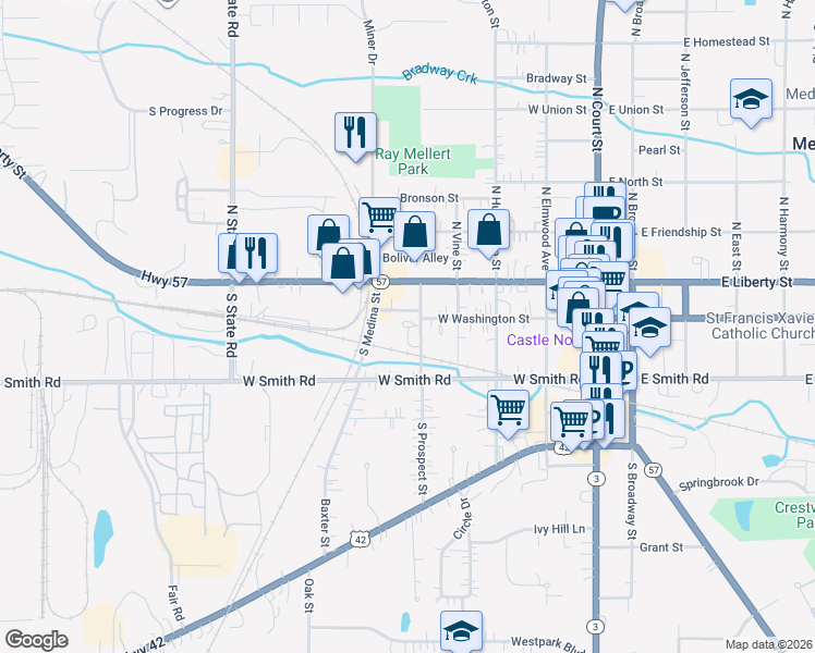 map of restaurants, bars, coffee shops, grocery stores, and more near 223 South Prospect Street in Medina