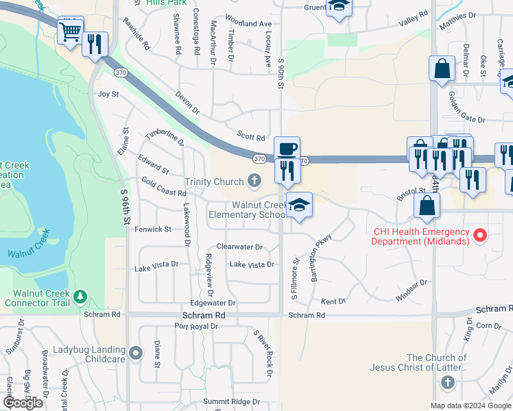 map of restaurants, bars, coffee shops, grocery stores, and more near 1702 Eastview Drive in Papillion
