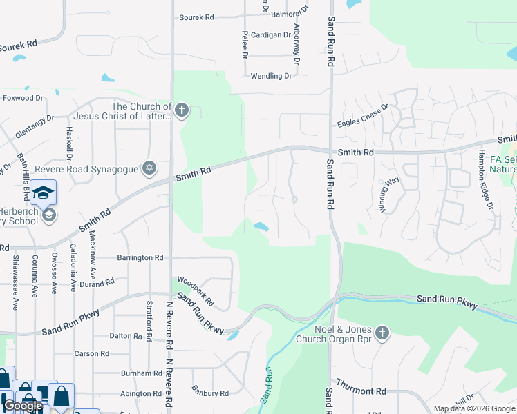 map of restaurants, bars, coffee shops, grocery stores, and more near 2289 Bent Branch Court in Akron