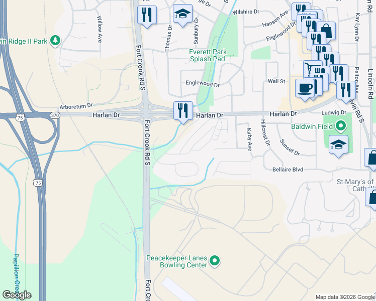 map of restaurants, bars, coffee shops, grocery stores, and more near 2007 Betz Road in Bellevue