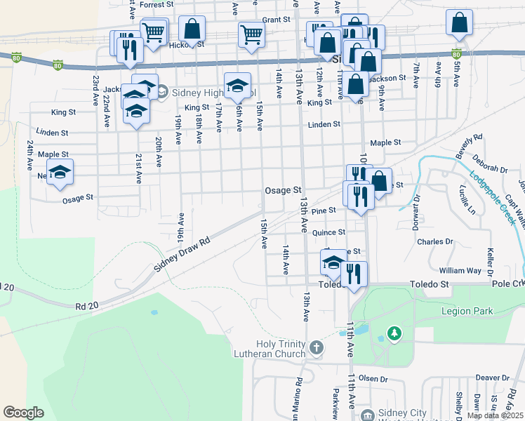 map of restaurants, bars, coffee shops, grocery stores, and more near 1100 Sidney Draw Road in Sidney