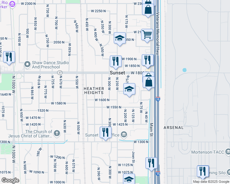 map of restaurants, bars, coffee shops, grocery stores, and more near 1610 North 250 West in Sunset