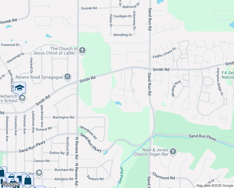 map of restaurants, bars, coffee shops, grocery stores, and more near 2289 Bent Branch Court in Akron