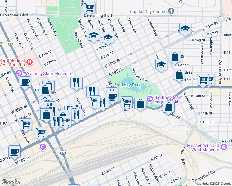 map of restaurants, bars, coffee shops, grocery stores, and more near 1010 East 16th Street in Cheyenne
