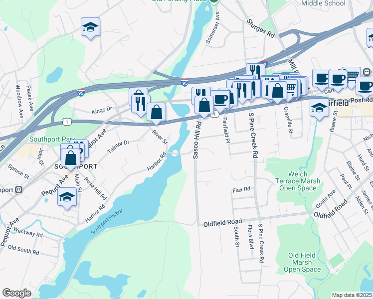 map of restaurants, bars, coffee shops, grocery stores, and more near 34 Harbor Road in Fairfield