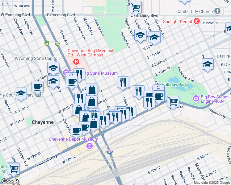 map of restaurants, bars, coffee shops, grocery stores, and more near 507 East 19th Street in Cheyenne