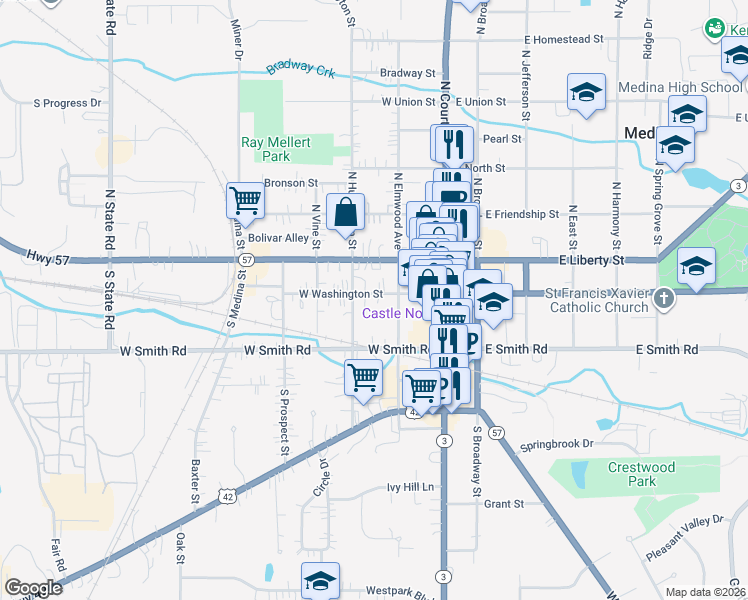 map of restaurants, bars, coffee shops, grocery stores, and more near 216 West Washington Street in Medina